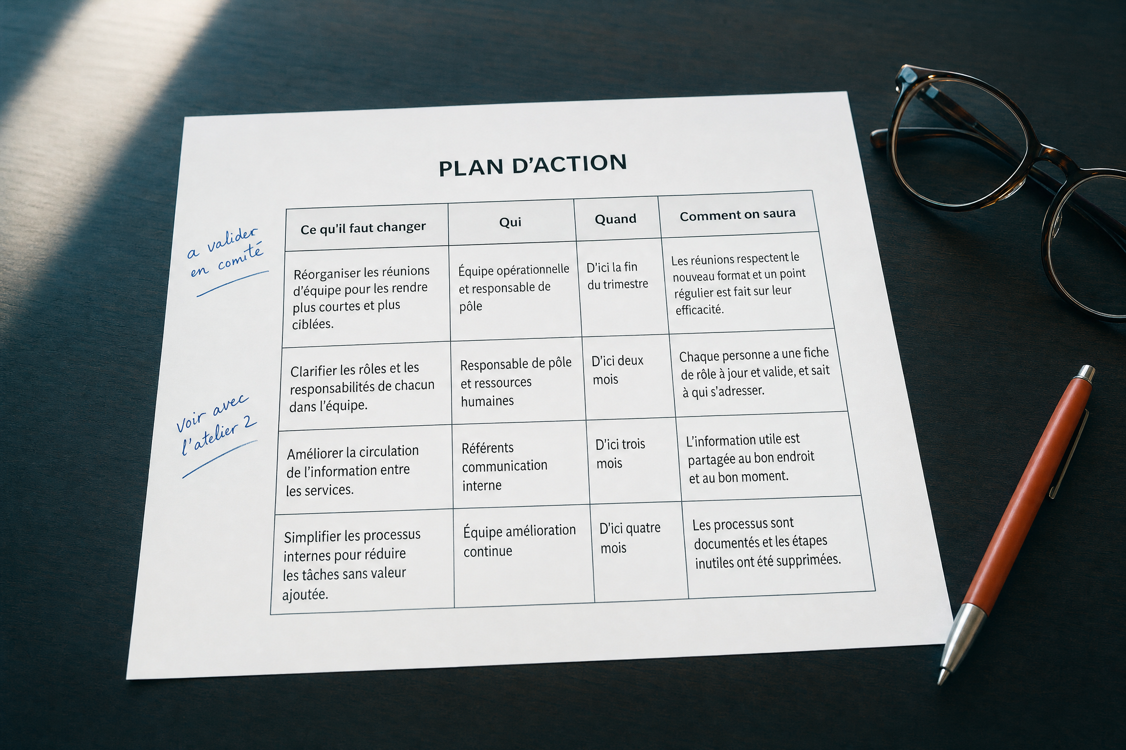 Un plan d'action imprime pose sur une table de direction, annote a la main : ce qu'il faut changer, qui, quand, et comment on saura.